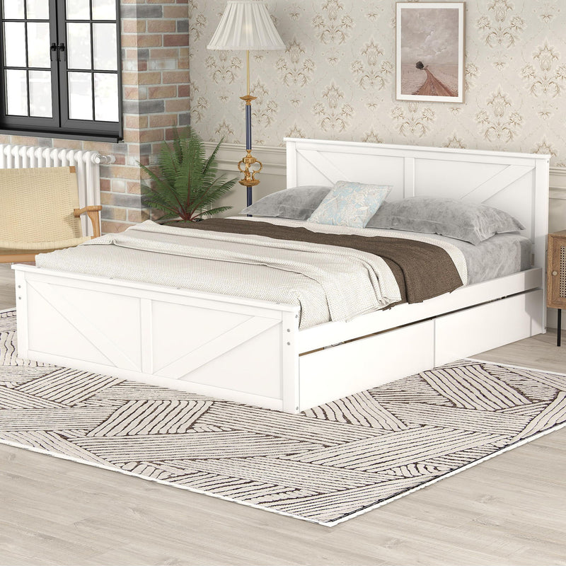Queen Size Wooden Platform Bed With Four Storage Drawers And Support Legs, White