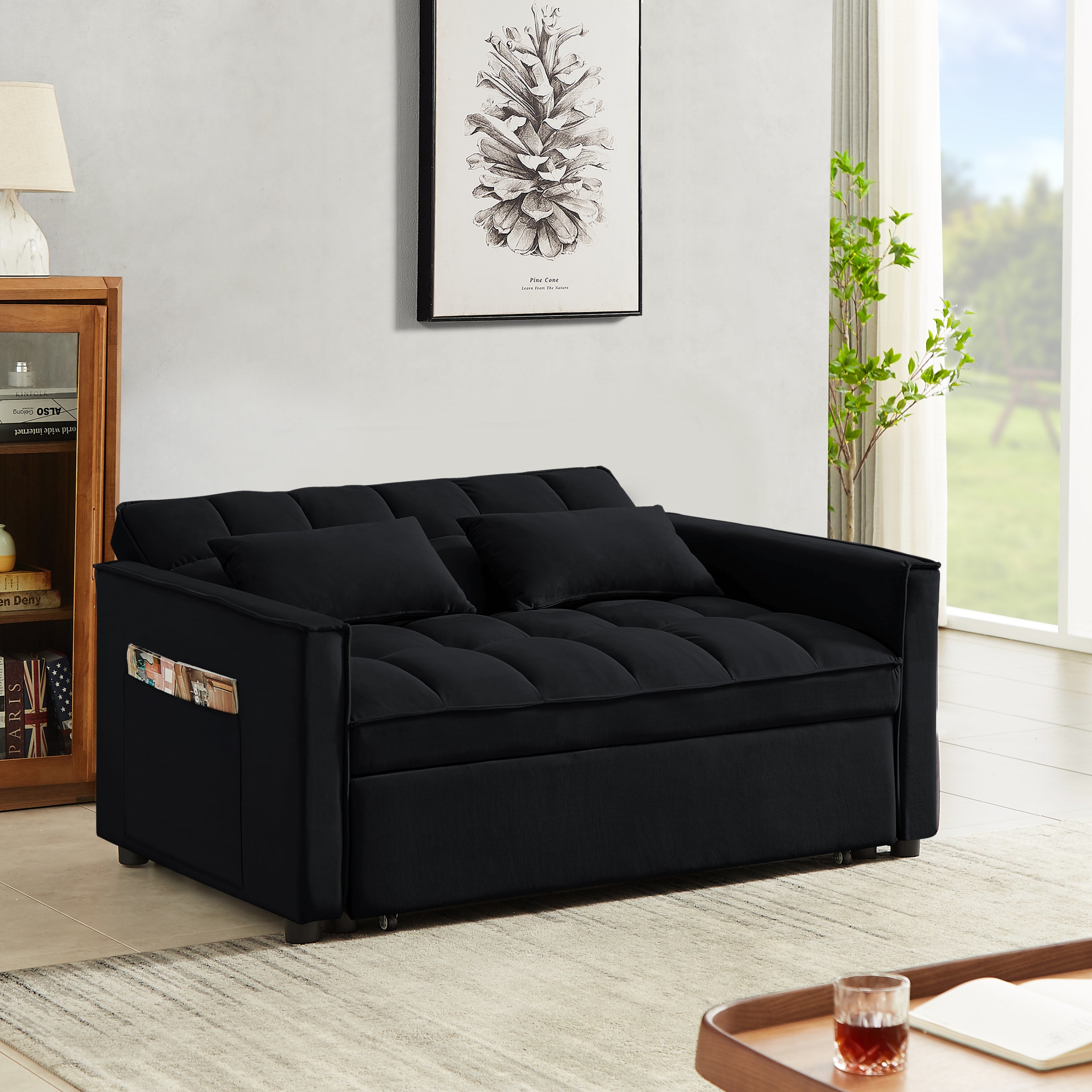 Modern Velvet Convertible Loveseat Sleeper Sofa Couch with Adjustable Backrest, 2 Seater Sofa With Pull-Out Bed with 2 Lumbar Pillows For Small Living Room & Apartment - Atlantic Fine Furniture Inc