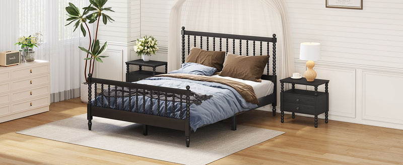 3 Pieces Bedroom Sets Queen Size Wood Platform Bed With Gourd Shaped Headboard And Footboard With 2 Nightstands, Black