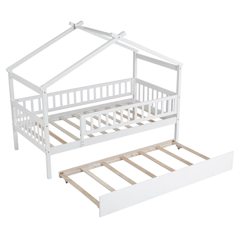 Twin Size Wooden House Bed With Twin Size Trundle, White