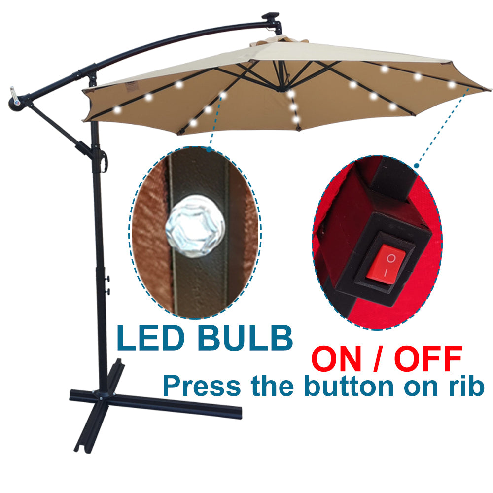 Tan 10 ft Outdoor Patio Umbrella Solar Powered LED Lighted Sun Shade Market Waterproof 8 Ribs Umbrella with Crank and Cross Base for Garden Deck Backyard Pool Shade Outside Deck Swimming Pool - Atlantic Fine Furniture Inc
