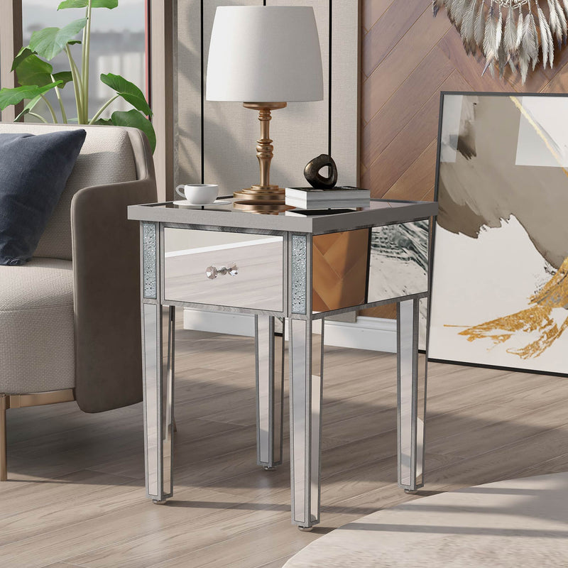 On-Trend Modern Glass Mirrored End Table With Drawer, Corner Table With Crystal Handles And Adjustable Height Legs For Living Room, Silver