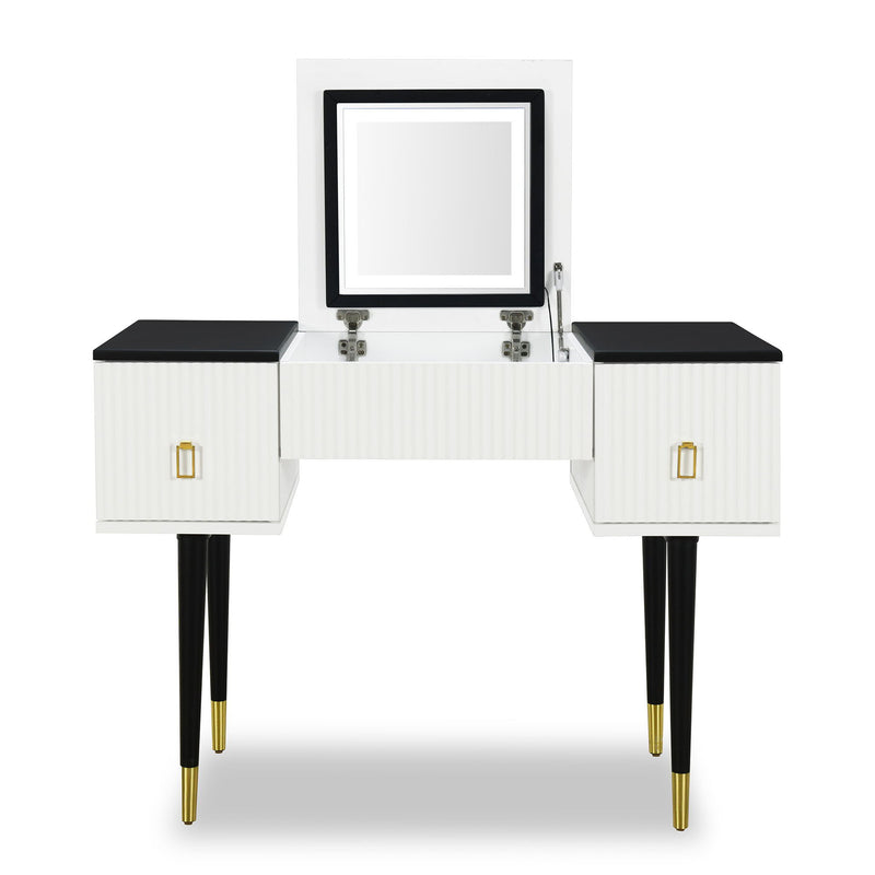 43.3" Modern Vanity Table Set With Flip-Top Mirror And Led Light, Dressing Table With Customizable Storage, White And Black