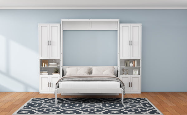 Full Size Murphy Bed With 2 Side Cabinet Storage Shelves, 615-Inch Cabinet Bed Folding Wall Bed With Desk Combo Perfect For Guest Room, Study, Office, White