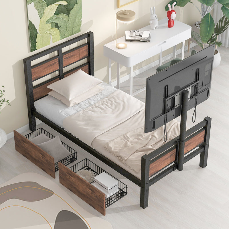 Twin Size Metal Platform Bed With MDF Headboard And Footboard, Two Storage Drawers And Rotatable TV Stand, Black