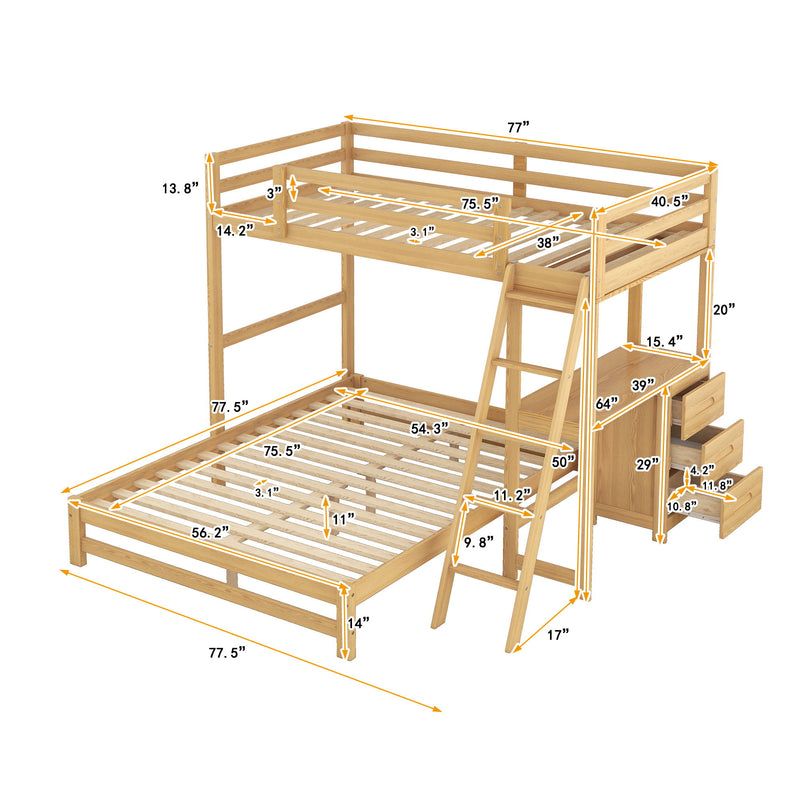 Twin Over Full Bunk Bed With Built-In Desk And Three Drawers - Natural