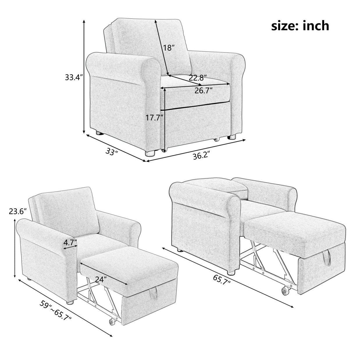 3-in-1 Sofa Bed Chair, Convertible Sleeper Chair Bed,Adjust Backrest Into a Sofa,Lounger Chair,Single Bed,Modern Chair Bed Sleeper for Adults,Deep Blue - Atlantic Fine Furniture Inc