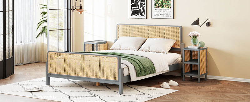 3 Pieces Rattan Platform Full Size Bed With 2 Nightstands, Gray