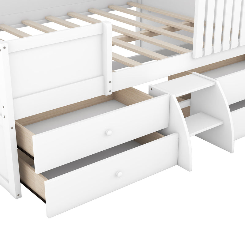 Full Size House Low Loft Bed With Four Drawers, White