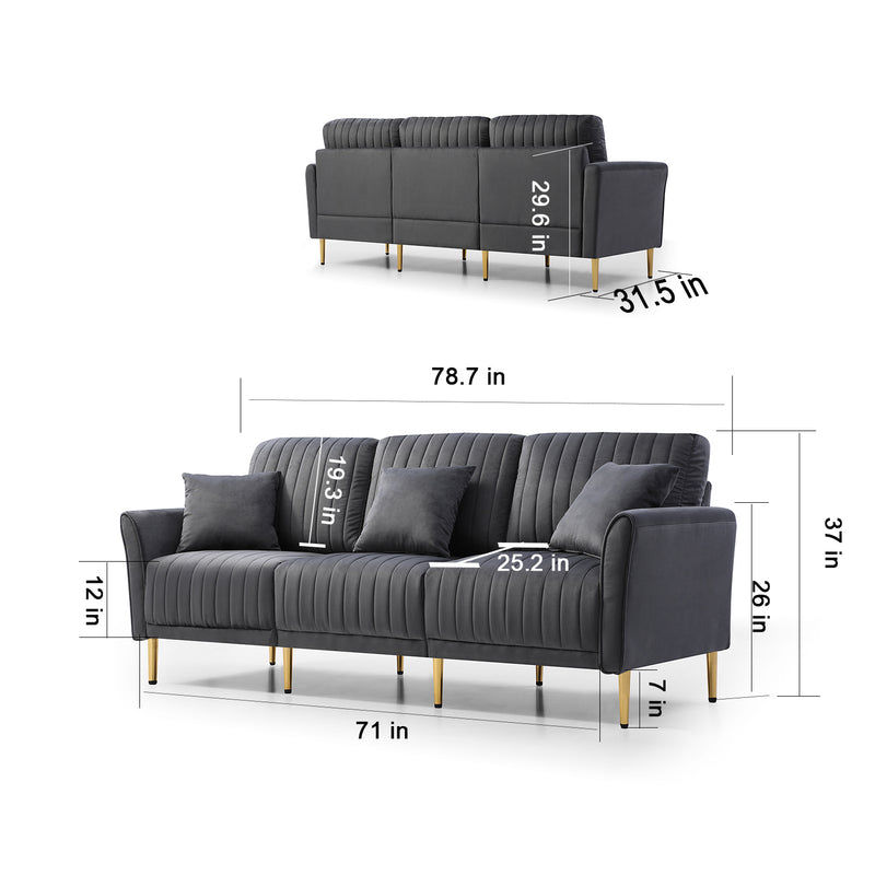 Modern Velvet Upholstered Sofa Couch 3 Seat Channel Tufted Back and Cushion Seat, Metal Legs, Sleeper Sofa for Living Room, Compact Living Space, Apartment, Bonus Room, Grey