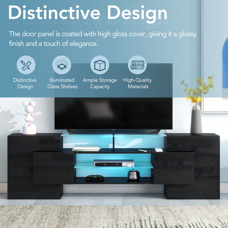 On-Trend Unique Shape TV Stand With 2 Illuminated Glass Shelves, High Gloss Entertainment Center For Tvs Up To 80", Versatile TV Cabinet With Led Color Changing Lights For Living Room, Black