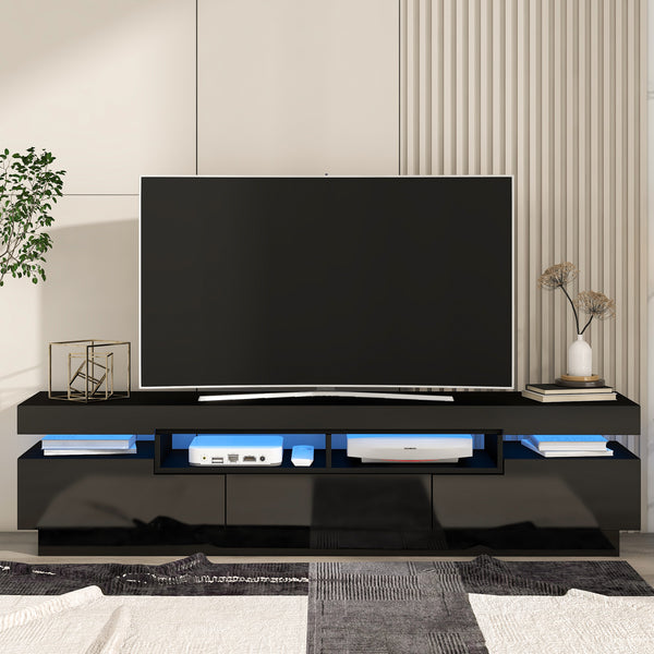 On-Trend TV Stand with 4 Open Shelves, Modern High Gloss Entertainment Center for 75 Inch TV, Universal TV Storage Cabinet with 16-color RGB LED Color Changing Lights, Black - Atlantic Fine Furniture Inc