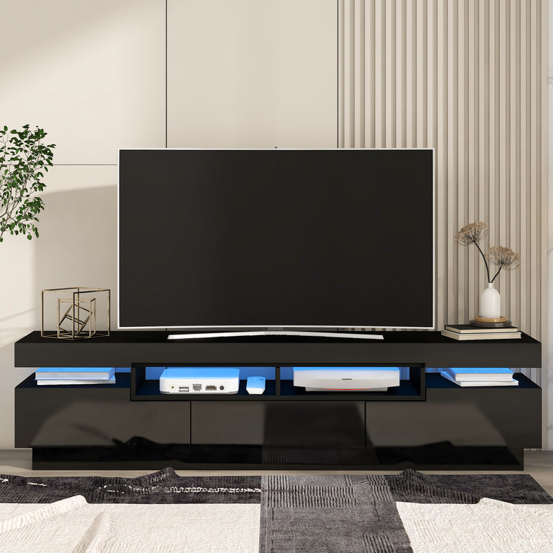 On-Trend TV Stand with 4 Open Shelves, Modern High Gloss Entertainment Center for 75 Inch TV, Universal TV Storage Cabinet with 16-color RGB LED Color Changing Lights, Black