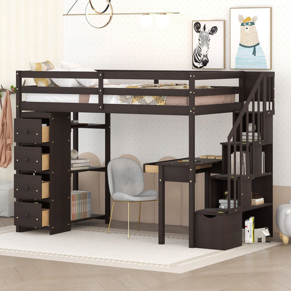 Twin Size Loft Bed With Storage Drawers, Desk And Stairs, Wooden Loft Bed With Shelves - Espresso