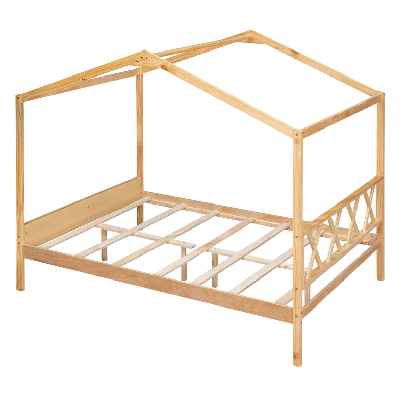 Full Size Wood House Bed With Storage Space, Natural