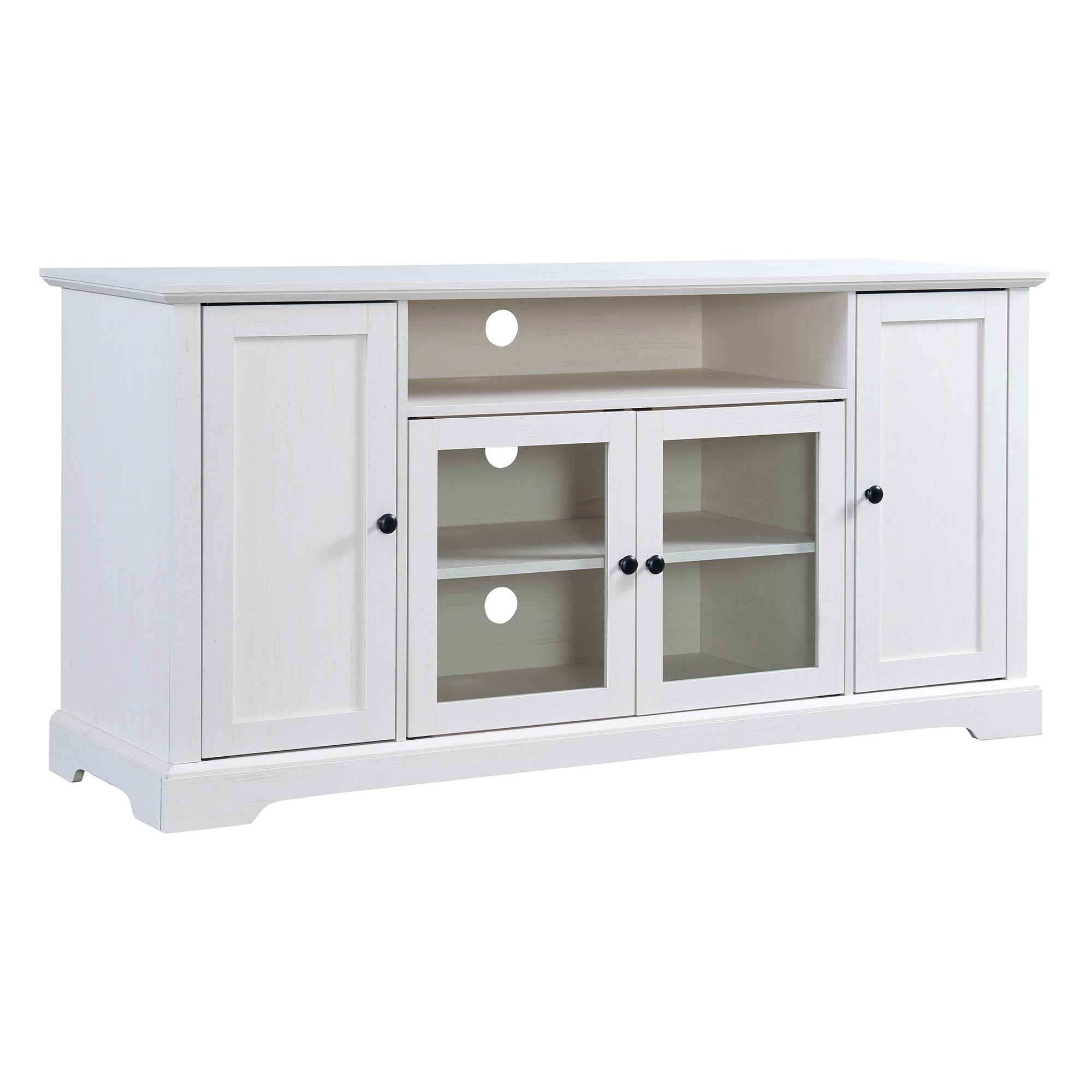 U-Can TV Stand for TV up to 65in with 2 Tempered Glass Doors Adjustable Panels Open Style Cabinet, Sideboard for Living room, White - Atlantic Fine Furniture Inc