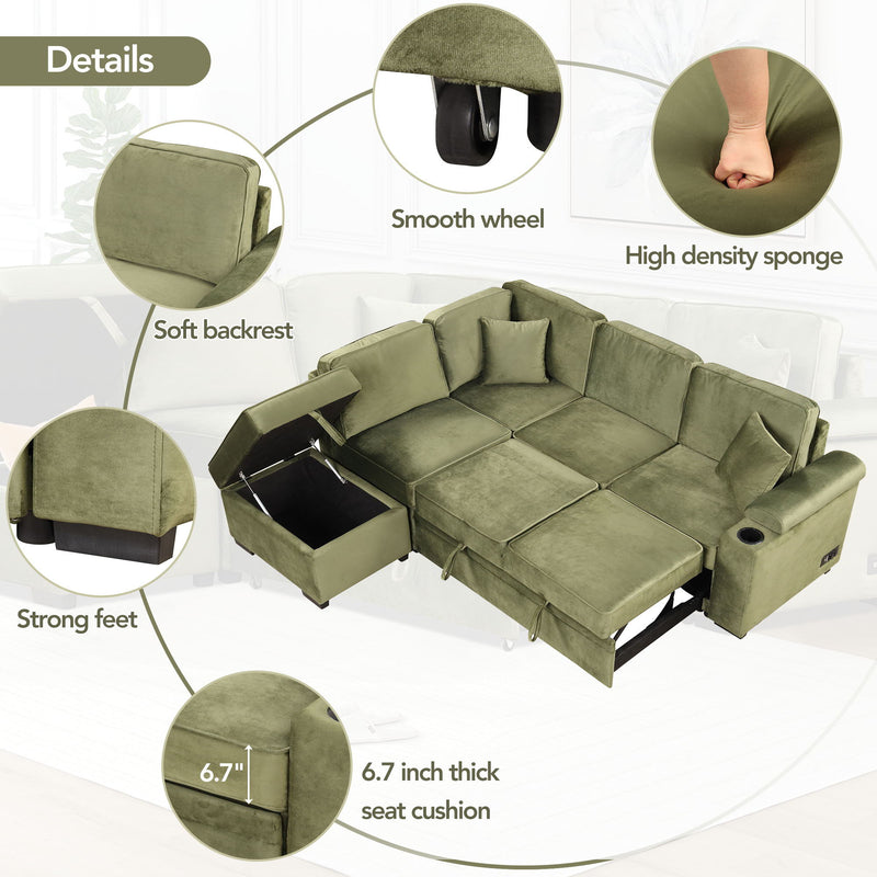 87.4" Sleeper Sofa Bed, 2 In 1 Pull Out Sofa Bed L Shape Couch With Storage Ottoman For Living Room, Bedroom Couch And Small Apartment, Green