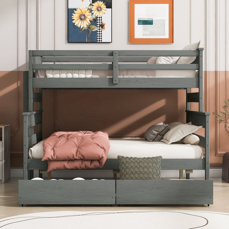 Wood Twin Over Full Bunk Bed With 2 Drawers, Gray