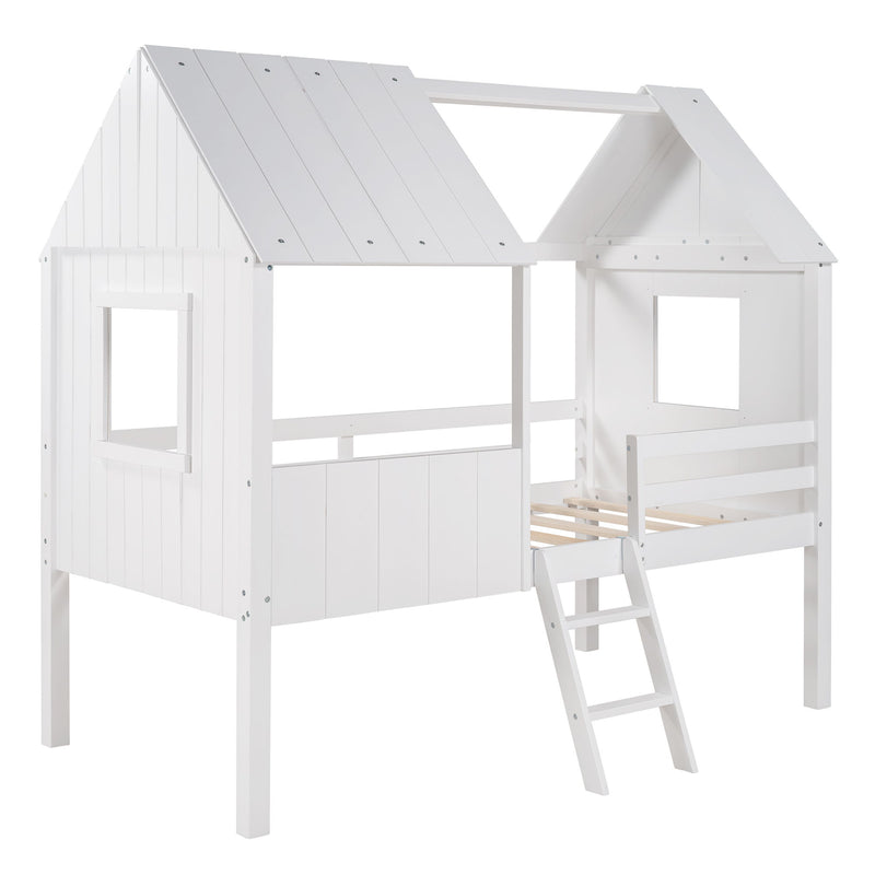Size Low Loft Wood House Bed With Two Side Windows - Normal White / Normal White