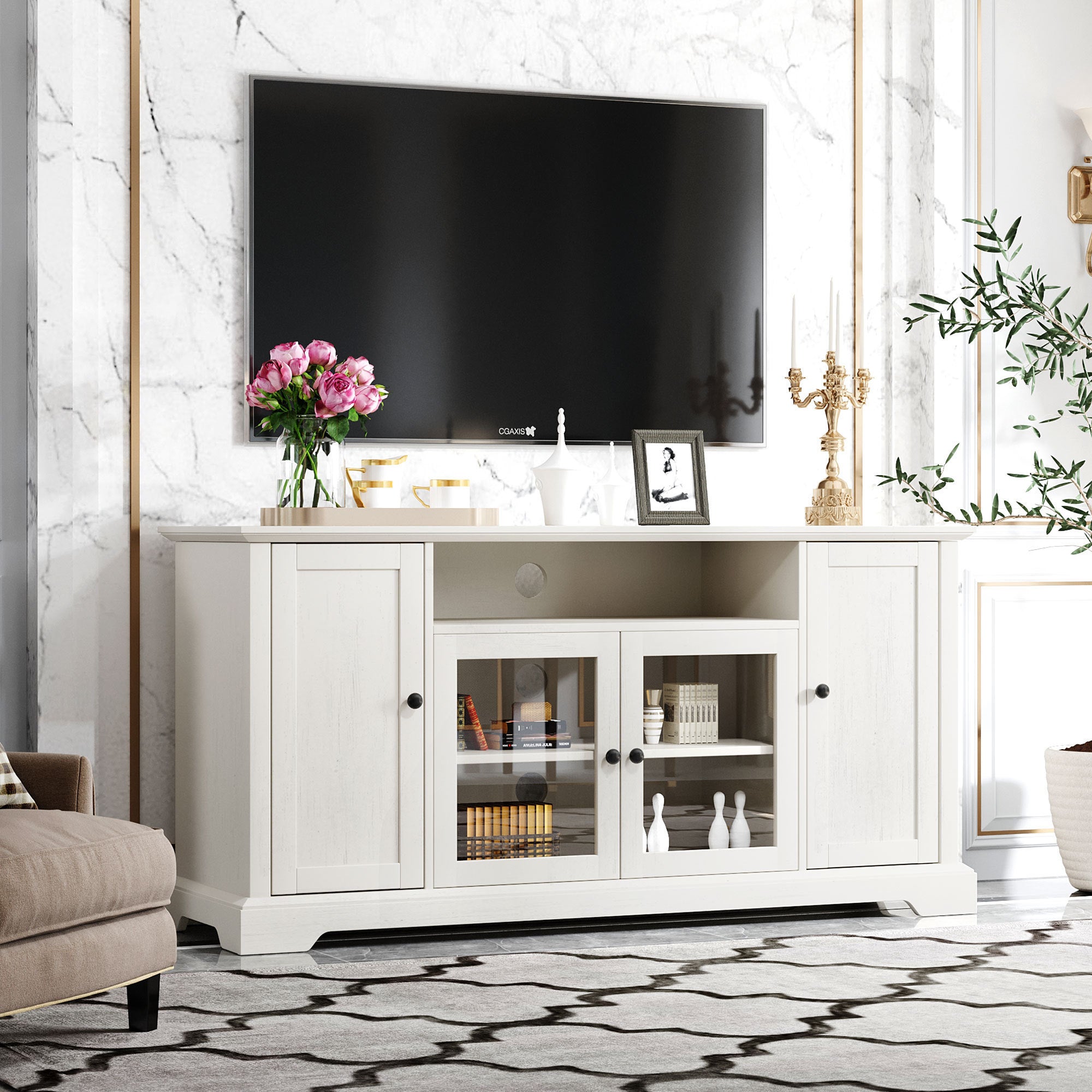 U-Can TV Stand for TV up to 65in with 2 Tempered Glass Doors Adjustable Panels Open Style Cabinet, Sideboard for Living room, White - Atlantic Fine Furniture Inc