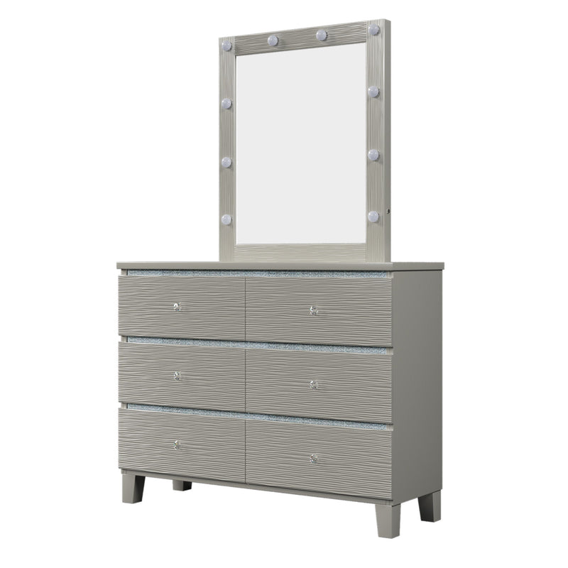 Champagne Silver Rubber Wood Dresser & Mirror With 6 Drawers Metal Slides Crystal Handle Led Lights Mirror
