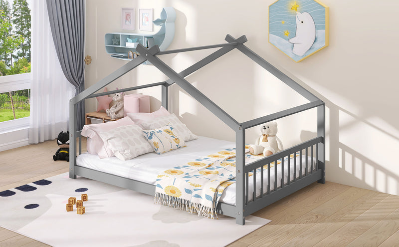 Full Size House Bed Wood Bed, Gray