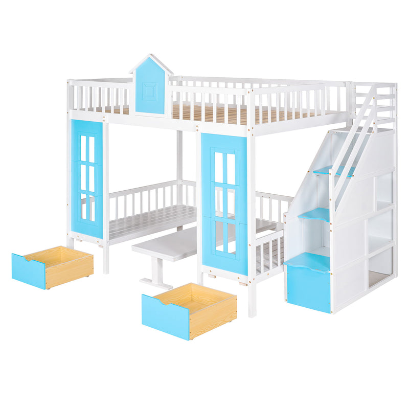 Full-Over-Full Bunk Bed With Changeable Table, Bunk Bed Turn Into Upper Bed And Down Desk - Blue