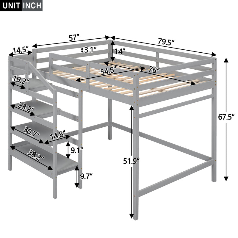 Full Size Loft Bed With Built-In Storage Staircase And Hanger For Clothes Gray