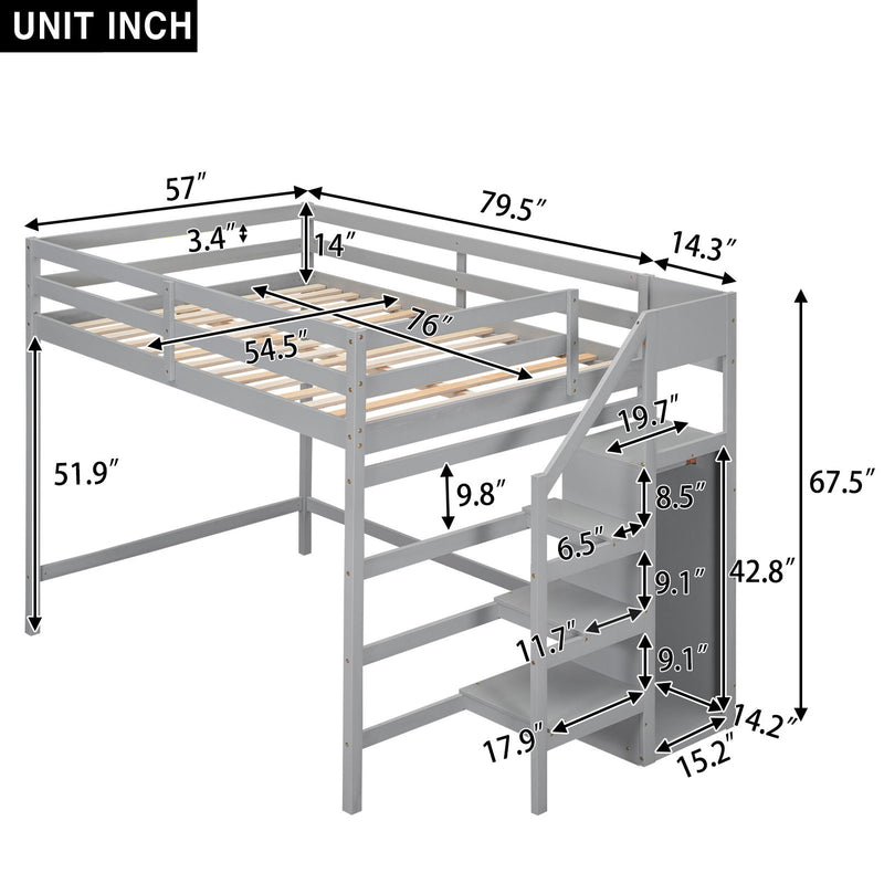 Full Size Loft Bed With Built-In Storage Wardrobe And Staircase - Gray