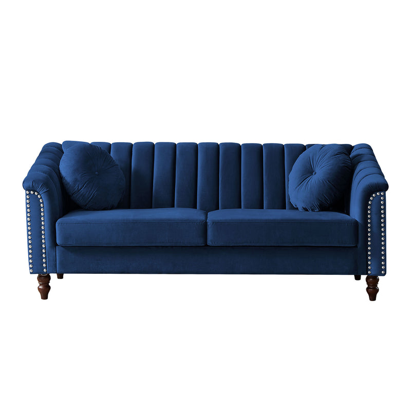 MH Modern Velvet Upholstered Sofa Couch, 3 Seat Tufted Back with Nail Arms, Solid wood Legs, Sleeper Sofa for Living Room, Compact Living Space, Apartment, Bonus Room, Blue