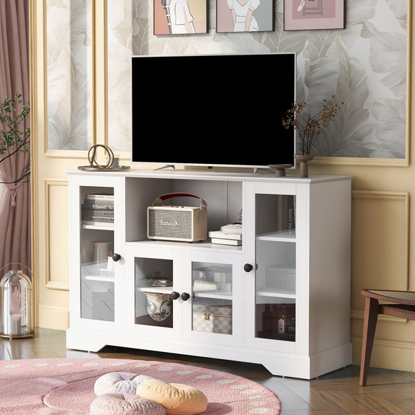 ON-TREND TV Stand for TV up to 60in with 4 Tempered Glass Doors Adjustable Panels Open Style Cabinet, Sideboard for Living room, White (OLD SKU:WF286785AAK) - Atlantic Fine Furniture Inc
