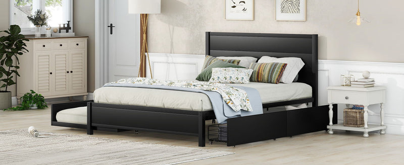 Metal Queen Size Storage Platform Bed With Twin Size Trundle And 2 Drawers, Black