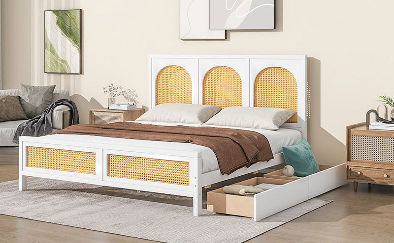 Queen Size Wood Storage Platform Bed With 2 Drawers, Rattan Headboard And Footboard, White