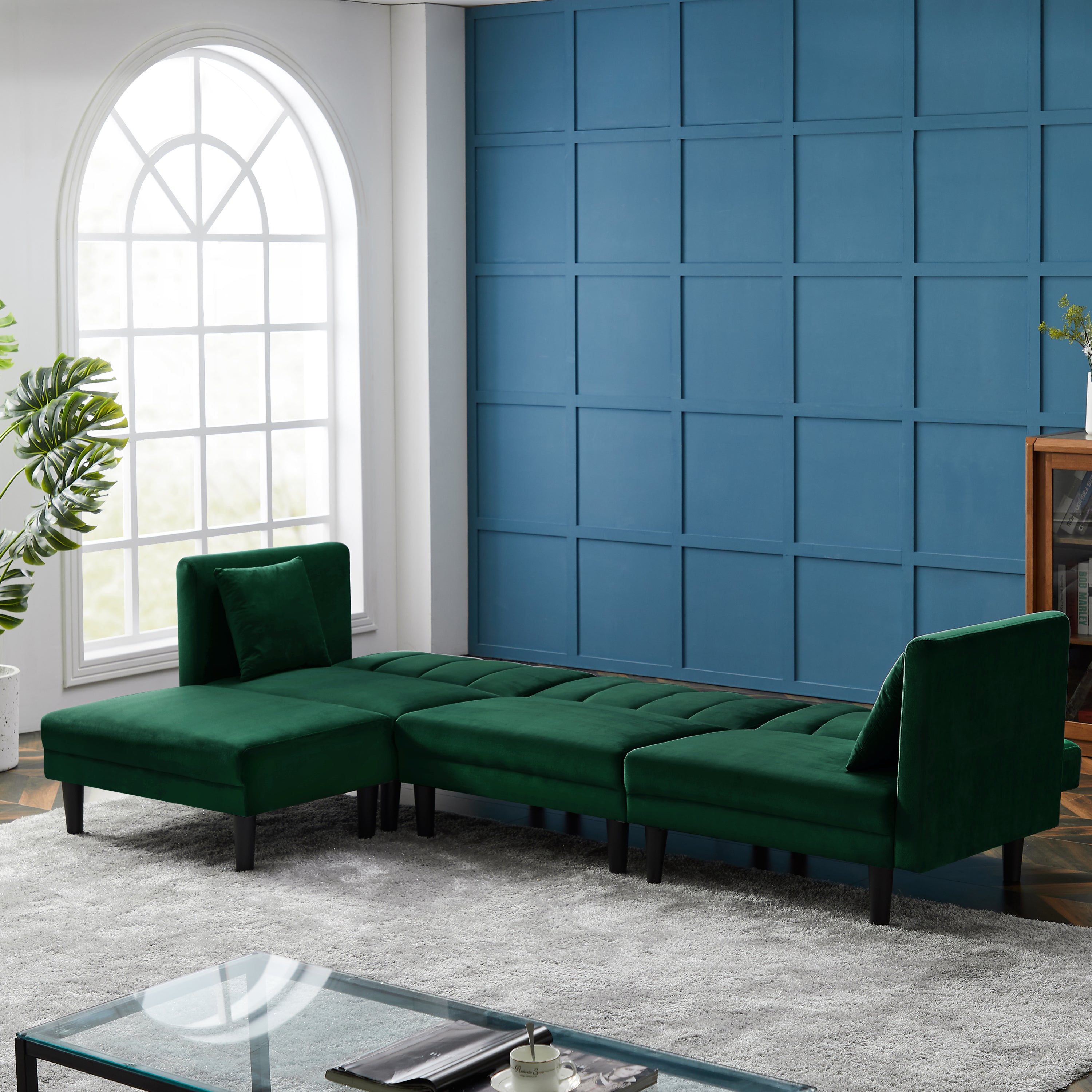 REVERSIBLE SECTIONAL SOFA SLEEPER WITH 2 PILLOWS DARK GREEN VELVET(W223S00426) - Atlantic Fine Furniture Inc