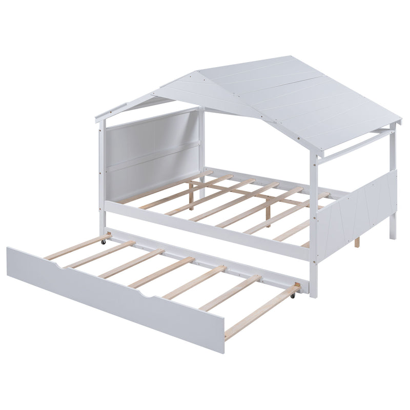 Wood Full Size House Bed With Twin Size Trundle And Storage, White