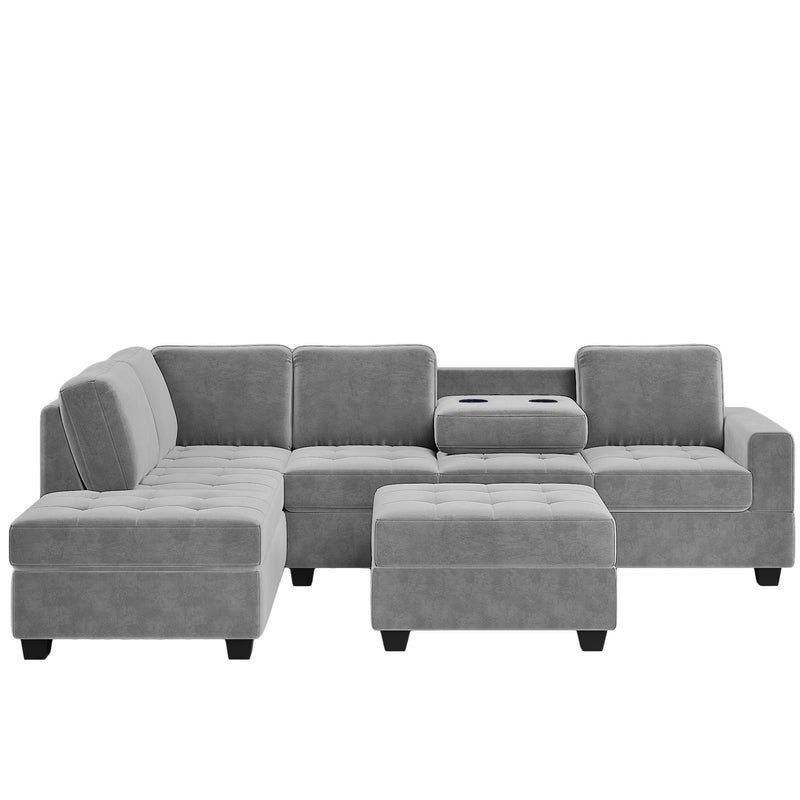 Orisfur. Modern Sectional Sofa With Reversible Chaise, Shaped Couch Set With Storage Ottoman And Two Cup Holders