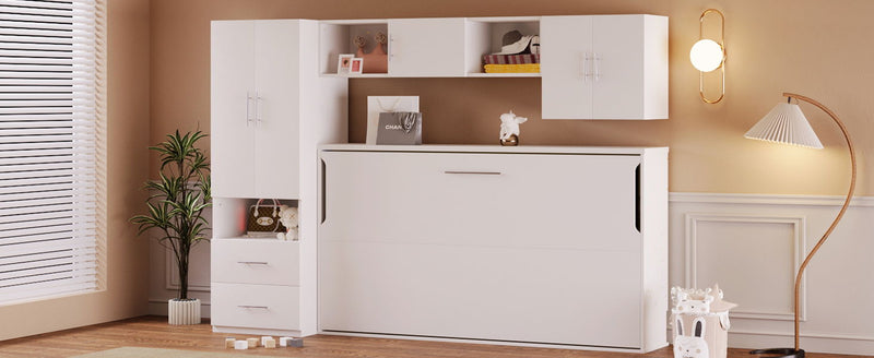 Twin Size Murphy Bed With Open Shelves And Storage Drawers, Built - In Wardrobe And Table, White