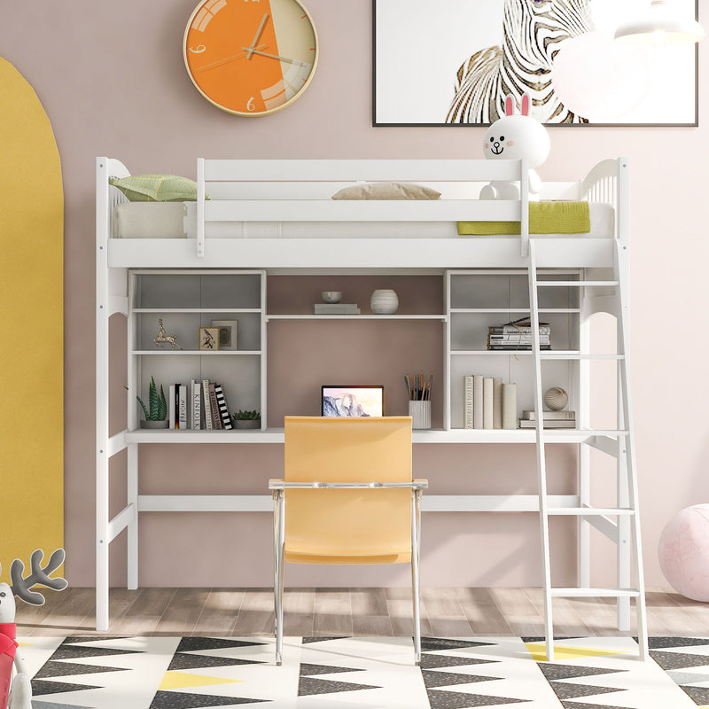 Twin Size Loft Bed With Storage Shelves, Desk And Ladder, White