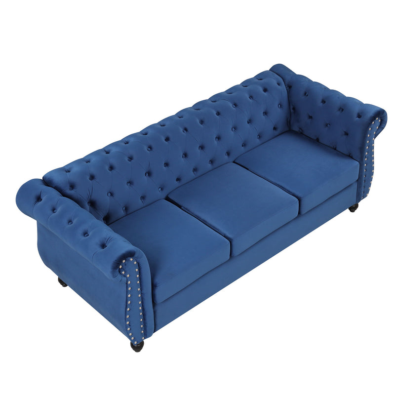 82" Modern Sofa Dutch Plush Upholstered Sofa, Solid Wood Legs, Buttoned Tufted Backrest, Blue