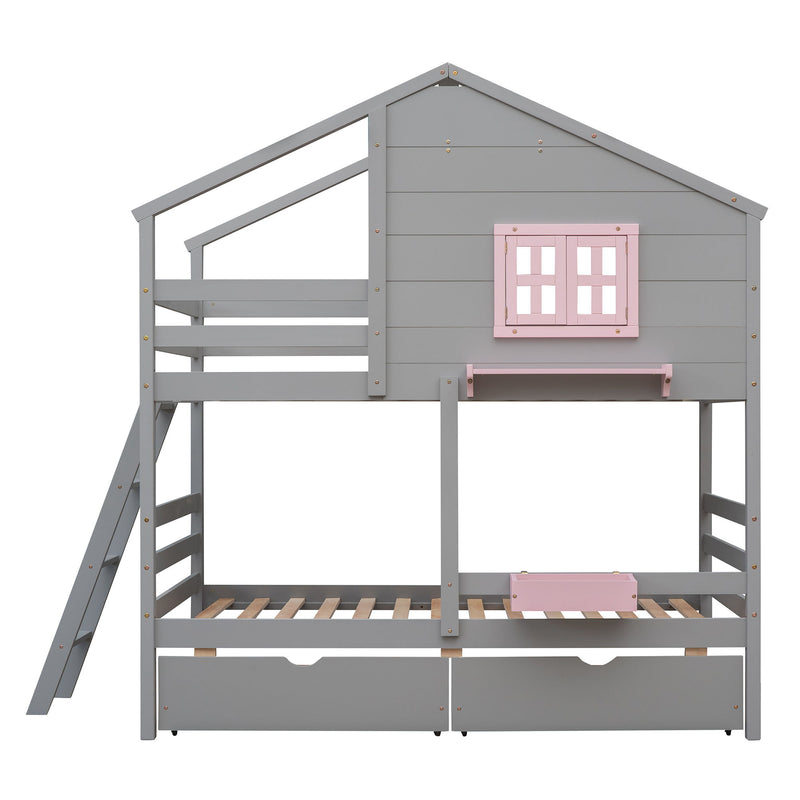 Twin Over Twin Bunk Bed With 2 Drawers, 1 Storage Box, 1 Shelf, Window And Roof - Gray