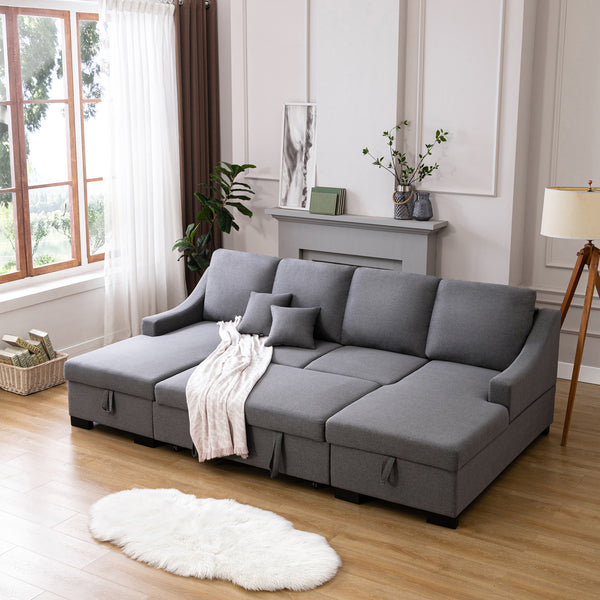 U_STYLE Upholstery Sleeper Sectional Sofa with Double Storage Spaces, 2 Tossing Cushions, Grey - Atlantic Fine Furniture Inc