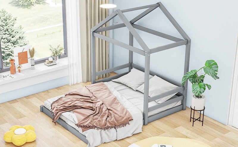 Wood Full Size House Bed With Guardrail, Gray