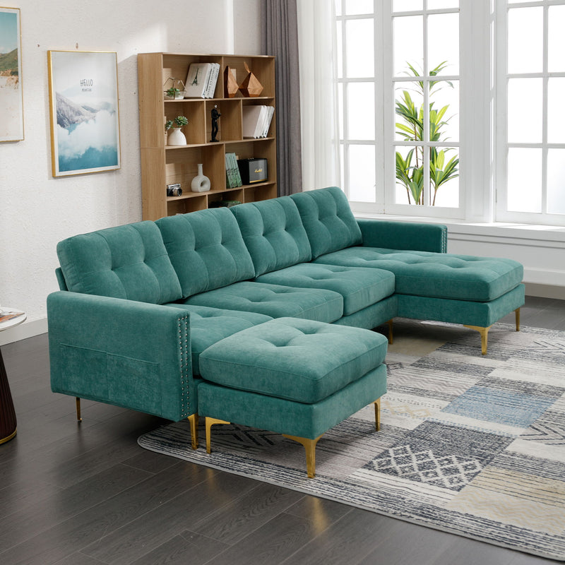 Shape Convertible Sectional Sofa Couch With Movable Ottoman For Living Room, Apartment, Office, Green