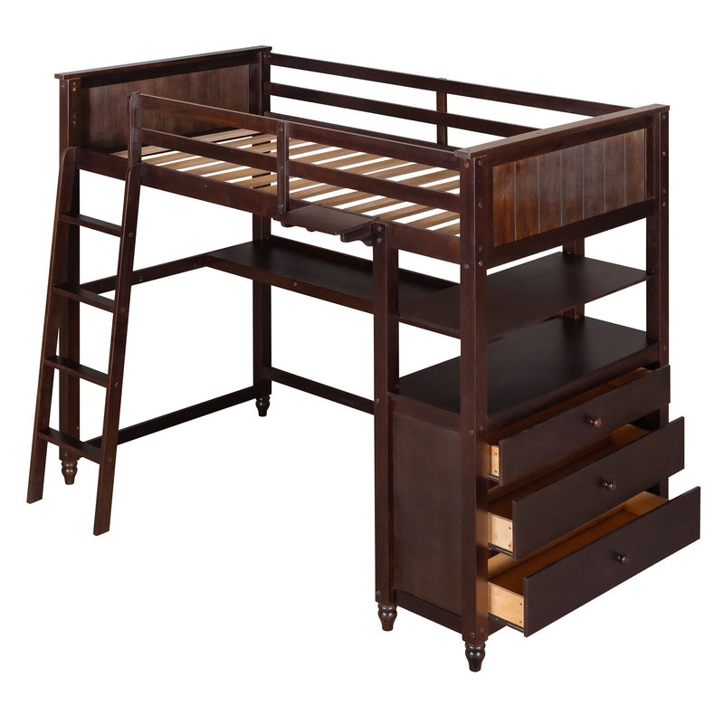 Twin Size Loft Bed With Drawers And Desk, Loft Bed With Shelves - Espresso