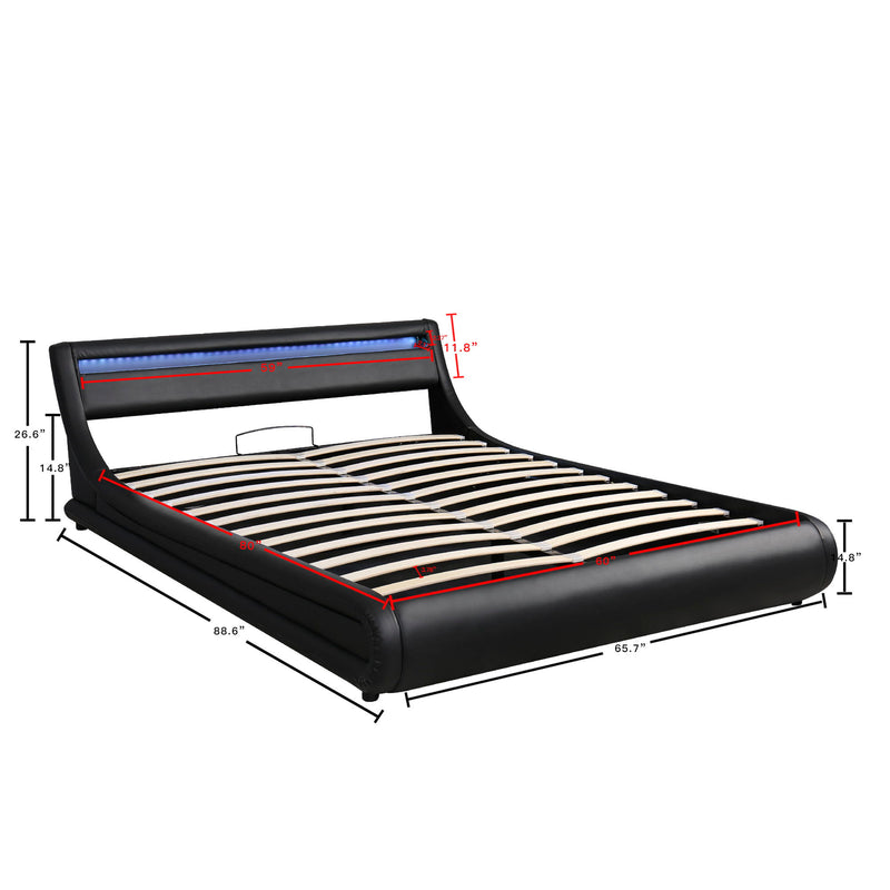 Upholstered Faux Leather Platform Bed With A Hydraulic Storage System With Led Light Headboard Bed Frame With Slatted Queen Size