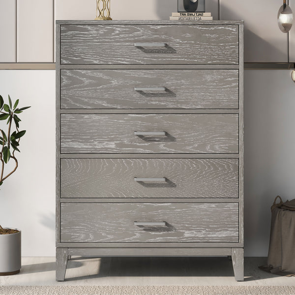 Modern Concise Style Gray Wood Grain Five-Drawer Chest With Tapered Legs And Smooth Gliding Drawers