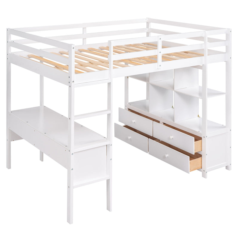 Full Size Loft Bed With Built-In Desk With Two Drawers, And Storage Shelves And Drawers - White