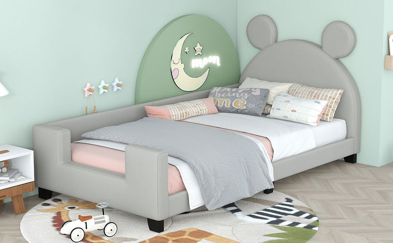 Twin Size Upholstered Daybed With Carton Ears Shaped Headboard, Grey