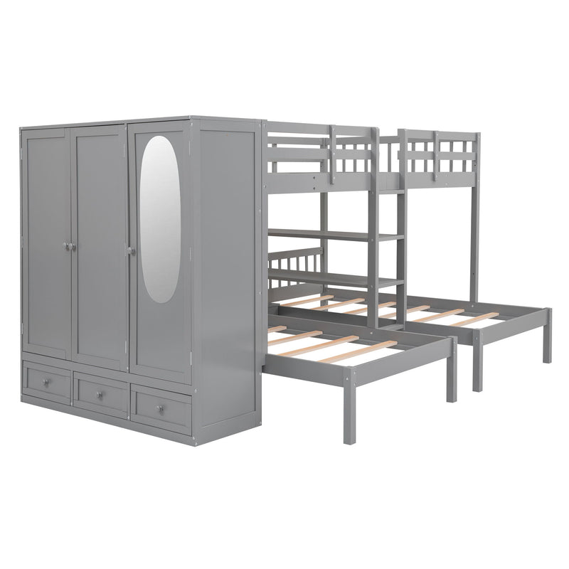 Full-Over-Twin-Twin Bunk Bed With Shelves, Wardrobe And Mirror, Gray