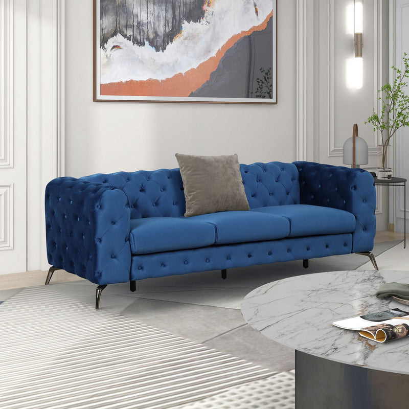 85.5" Velvet Upholstered Sofa With Sturdy Metal Legs, Modern Sofa Couch With Button Tufted Back, 3 Seater Sofa Couch For Living Room, Apartment, Home Office, Blue